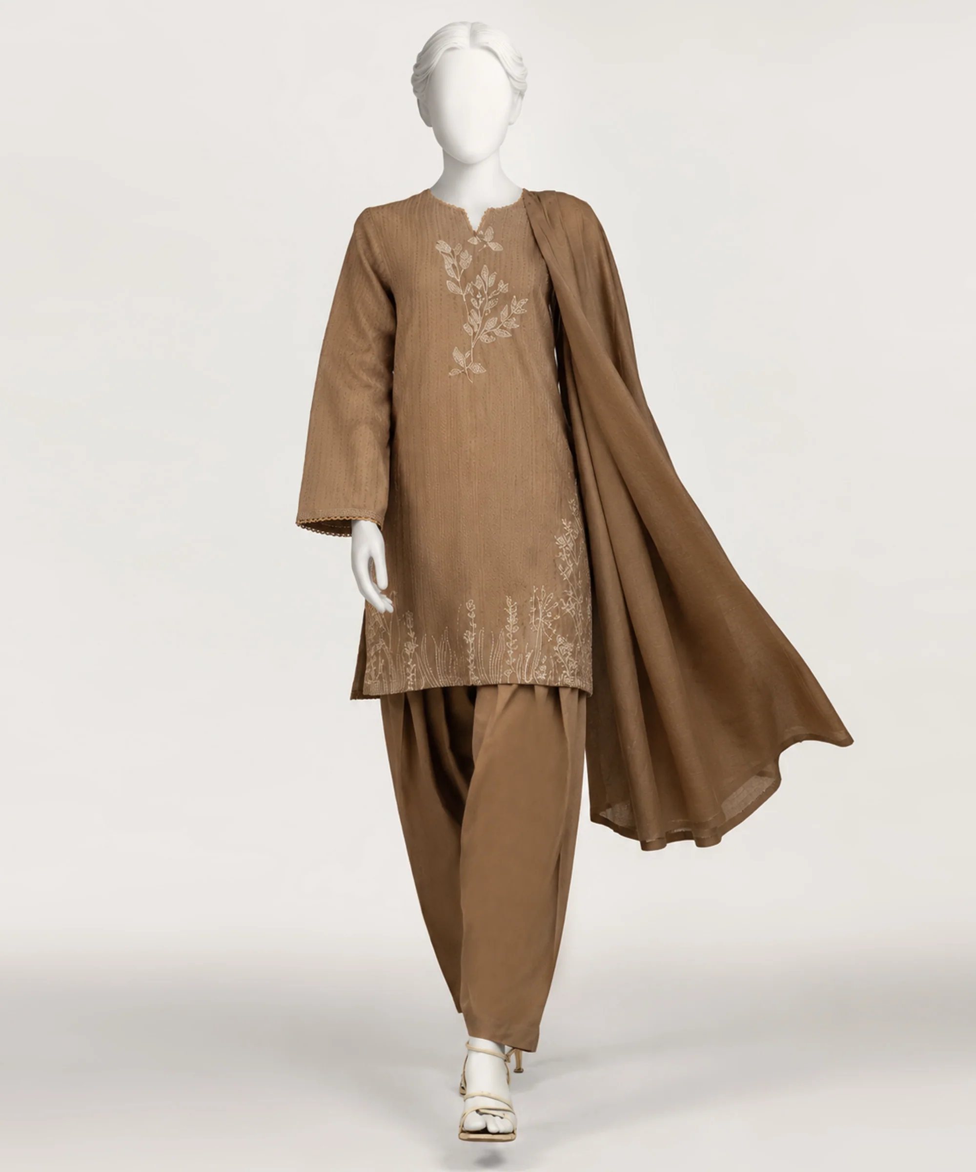 Brown Dobby Embroidered Stitched 3pc