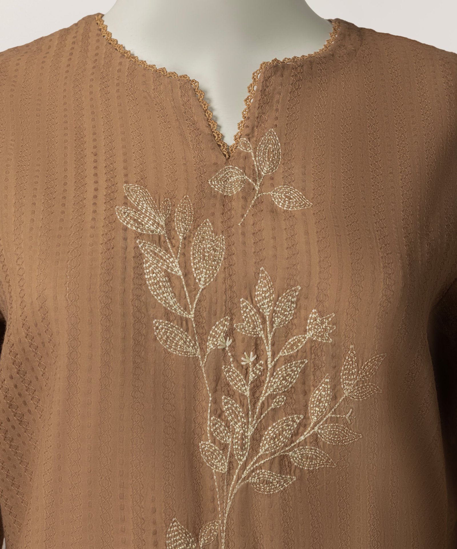 Brown Dobby Embroidered Stitched 3pc - Image 2