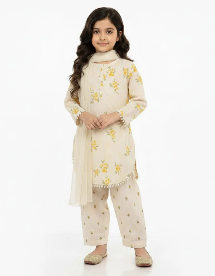 Cream Lawn Printed Stitched 3PC